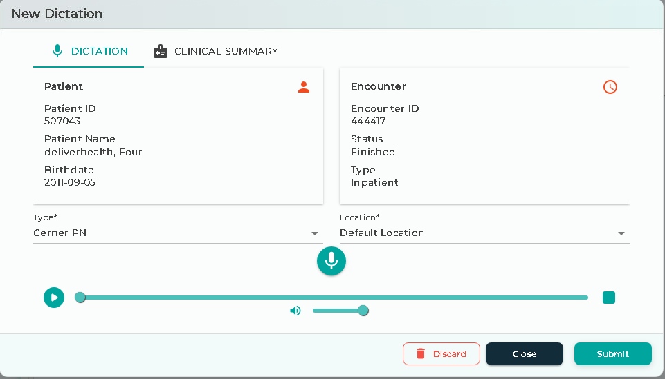 New Dictation window with microphone and playback controls